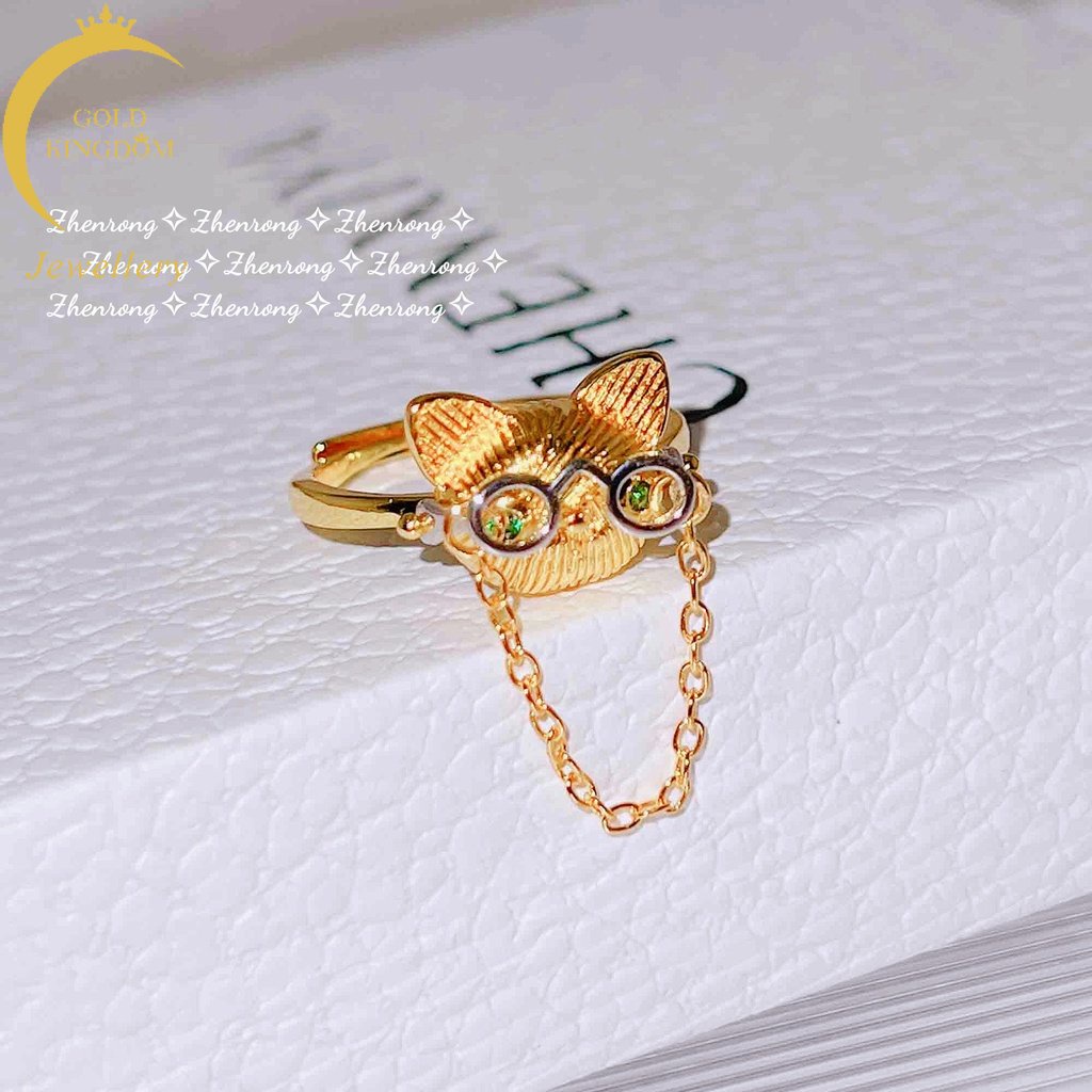 Goldkingdom Perhiasan Fashion Emas Asli Kadar 375 Bangkok Aksesoris Ready Stock Tangan-Kuping Kucing Dr Cincin Perempuan Zamrud Indah Kartun Adjustable Ring