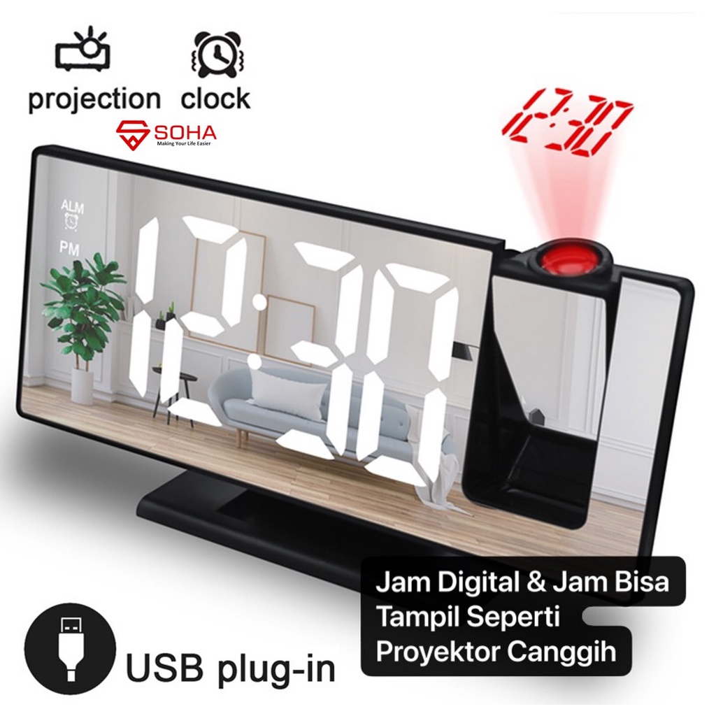 JD-08 Jam Digital Ada Proyektor Jam Mirror Dengan Layar LED Besar Fitur Snooze Ada Suhu Alarm &amp; Kalender Bisa jadikan Cermin