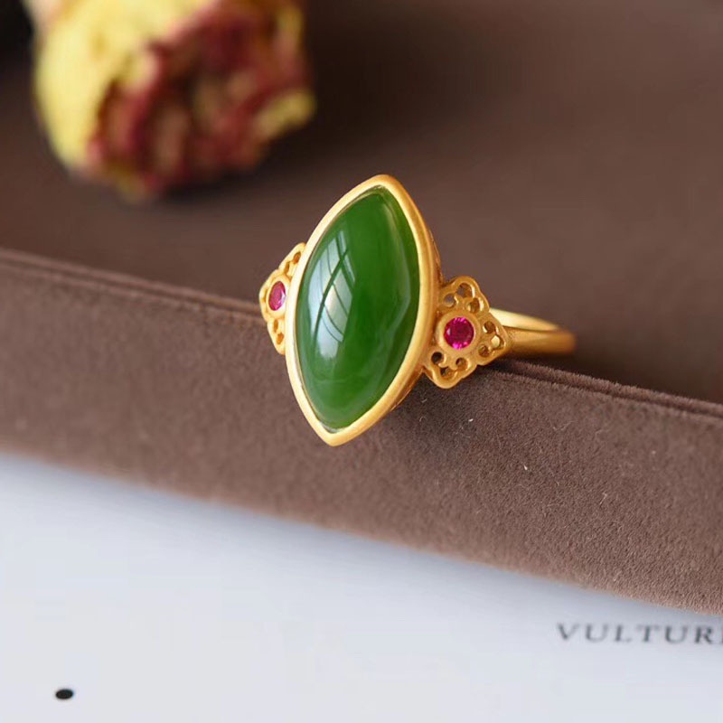 Goldkingdom Perhiasan Fashion 24K Bangkok Aksesoris Ready Stock Hetian Jade Cincin Giok Putih Jasper Cincin Berlapis S925 Perak Bertatahkan Emas Asli Kadar 375 Dengan Adjustable Frosted