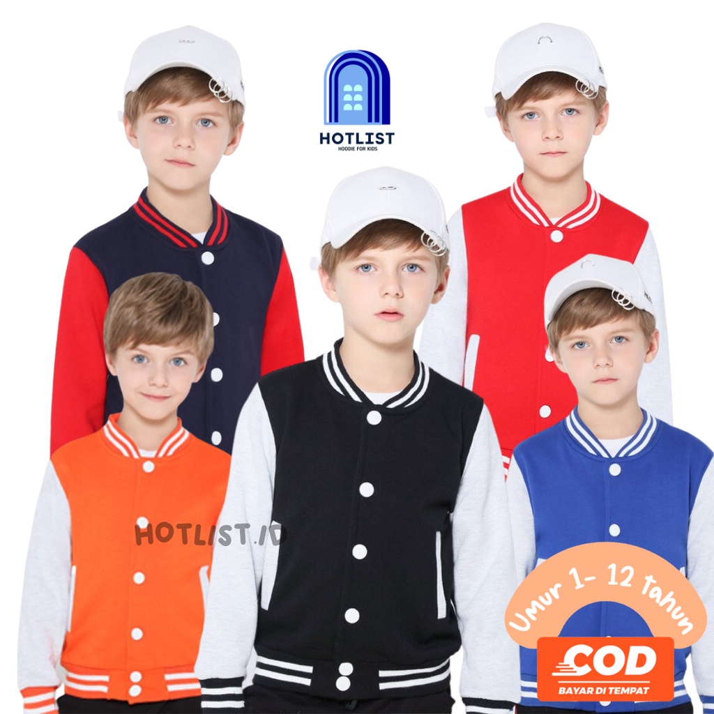 Jaket Bumber Boomber Bomber Varsity Bisbol Anak Laki-laki Cowok Kecil Tanggung Polos Usia TK SD SMP 