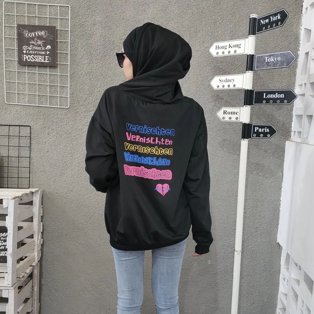 ARGOO NOS LOVE 2XL Hoodie Zipper Bigsize Wanita Oversize Jacket Sweater Kekinian Fashion Ala Korean Kasual Style