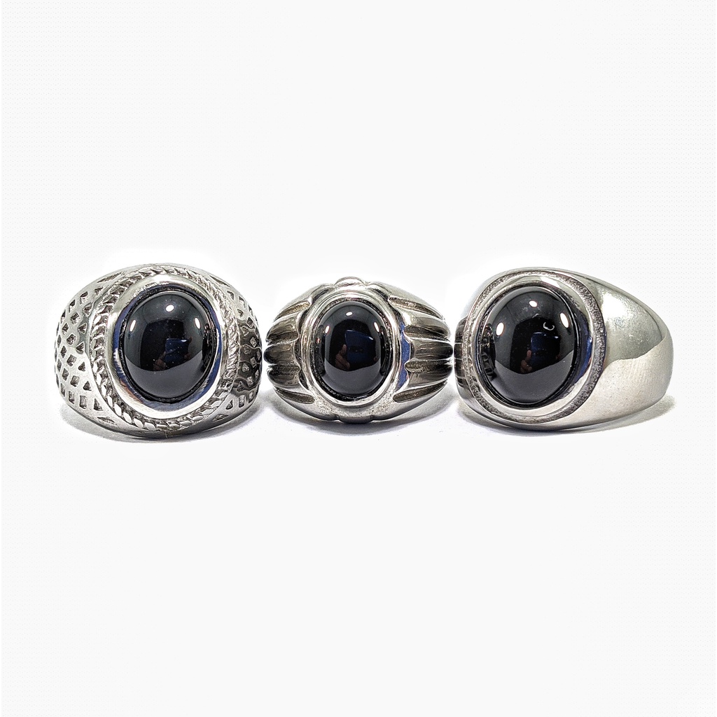 Natural Cincin Ring Titanium Black Onyx Oval Cabochon