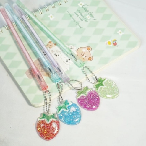 

Satuan 1 & 4 pcs Pen Strawberry Glitter Gantung Rantai Pena Gel Blink-blink gelpen pulpen bolpen ballpoint bolpoin resin warna warni fancy