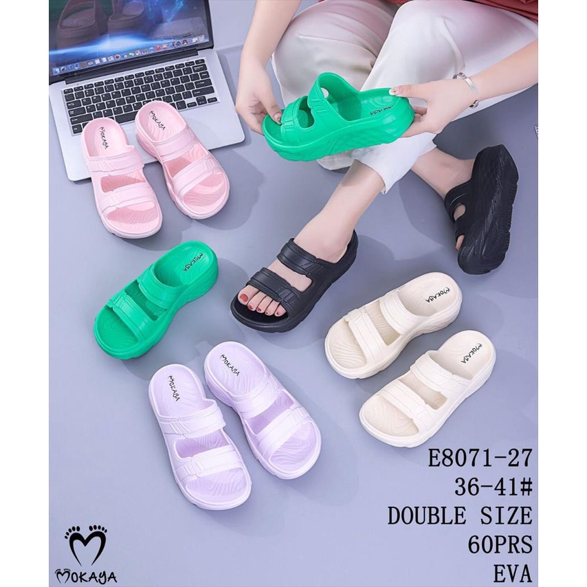 Sandal Slop Wedges Eva Jelly Wanita Ban 2 Hias Strip Gesper Super Ringan Simple Polos Trendy Import Mokaya / Size 36-41 (E8071-27)