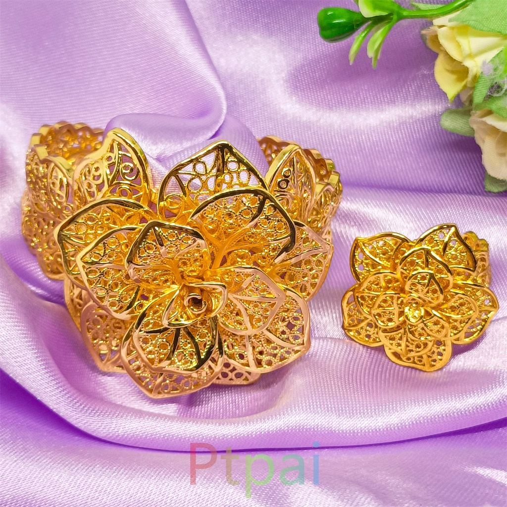 Satu set Gelang Kendari Dan cincin xuping perhiasan lapis Emas 24k Dubai bangle gold