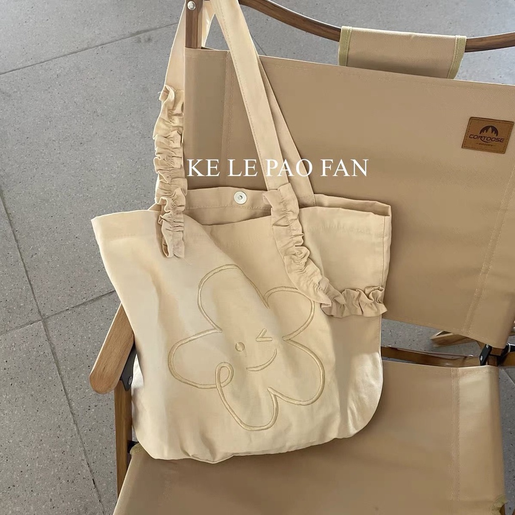 ❃Jepang Hantu Kuda Gadis Floret Wink Bordir Tas Kanvas In Niche Lipit Desain Tas Bahu Kapasitas Besar