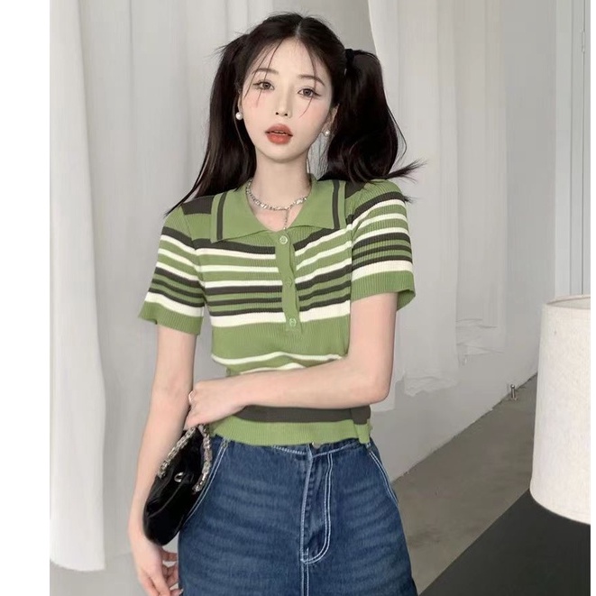 YIU YIU Rajut - Korean Atasan Rajut Stripe Wanita Lengan Pendek