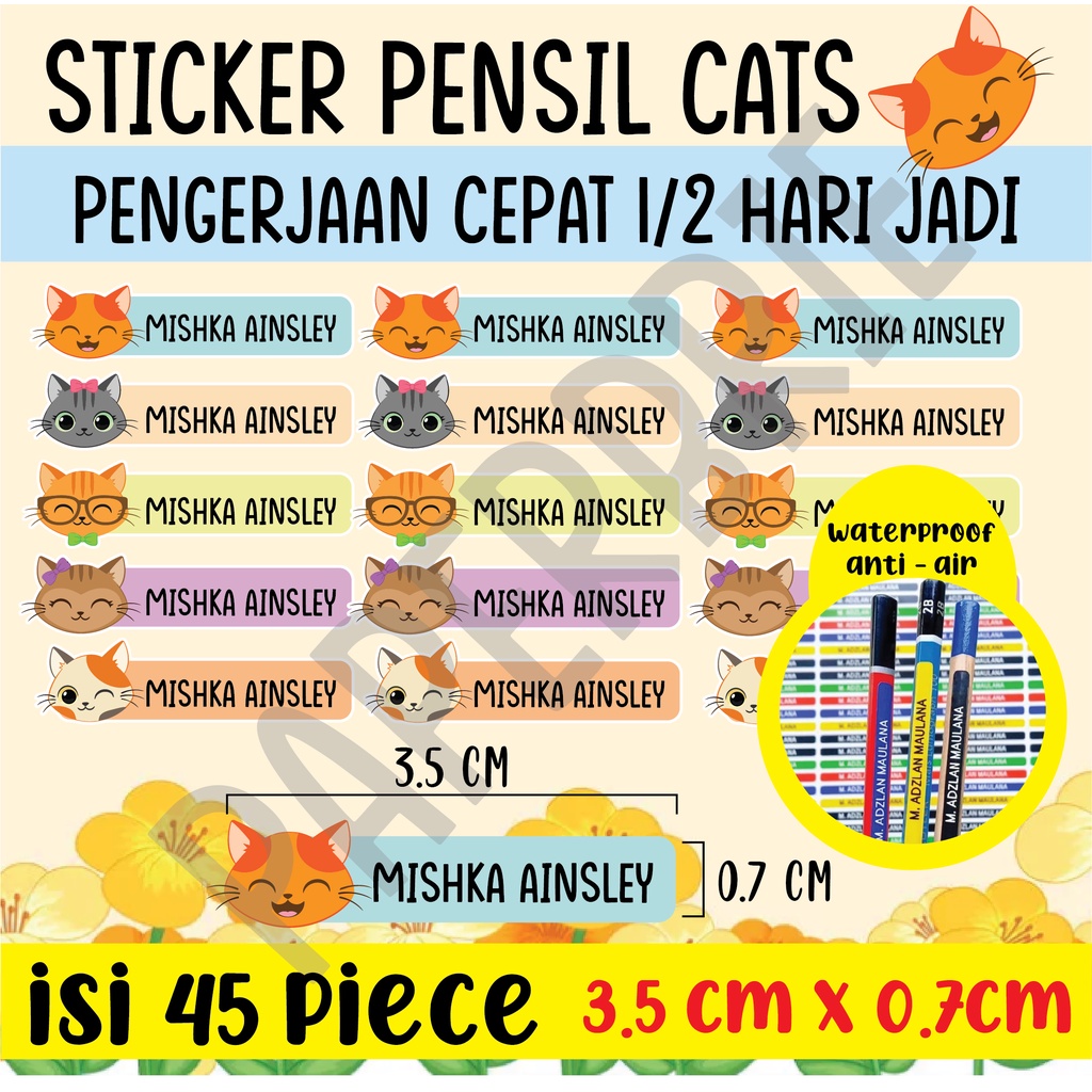 

Stiker Pensil Cats Lucu - Sticker Label Nama Anak, Anti Air, untuk Pen, Pensil, Crayon