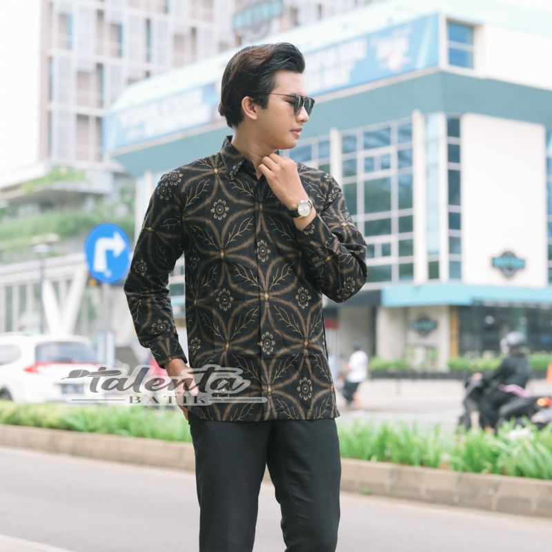 Batik kemeja pria lengan pendek&amp;panjang lapis furing bahan katun halus batik motif kawung hitam