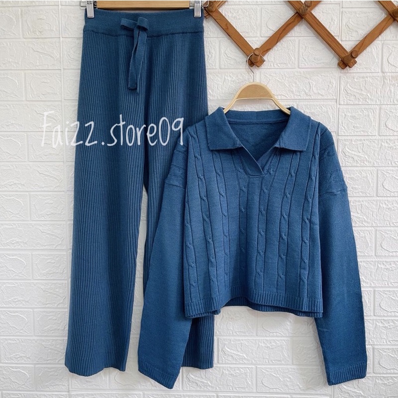 ONESET CELANA  KULOT RAJUT BLOUSE SWEATER KERAH CABLE
