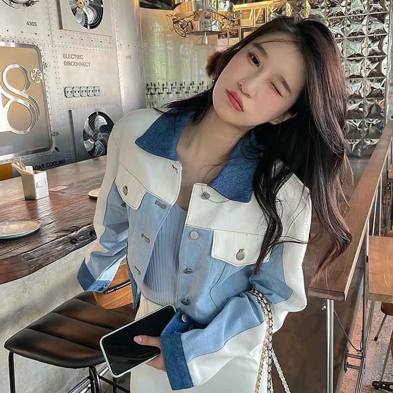 Nico##jaket denim/jaket jeans denim/Jaket tambal sulam denim pendek untuk wanita/jeans crop jaket wanita