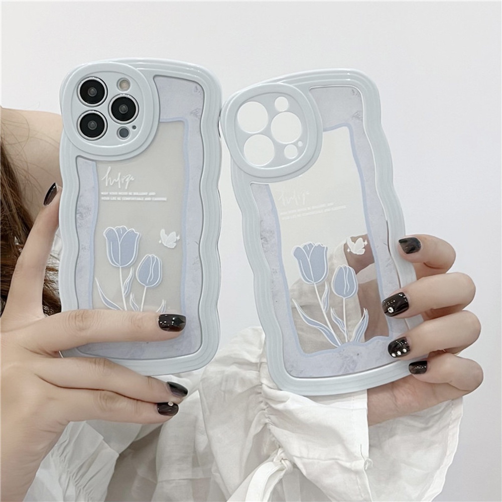 Soft Case Motif Bunga Tulip Biru Untuk 14 13 12 11 Pro Max 7 8 Plus XR X XS Max SE 2020 2022