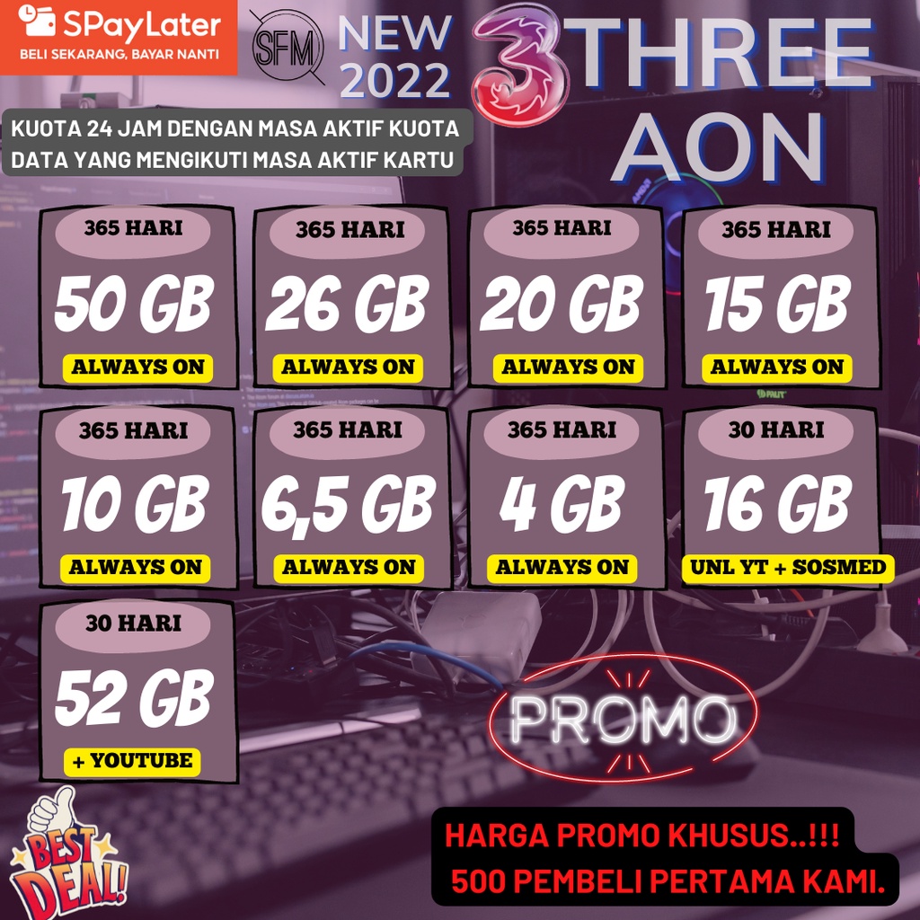 Paket Data Three 3 AON Terbaru | 50GB | 26GB | 20GB | 15GB | 10GB | 6,5GB | 4GB | AlwaysOn 365 Hari