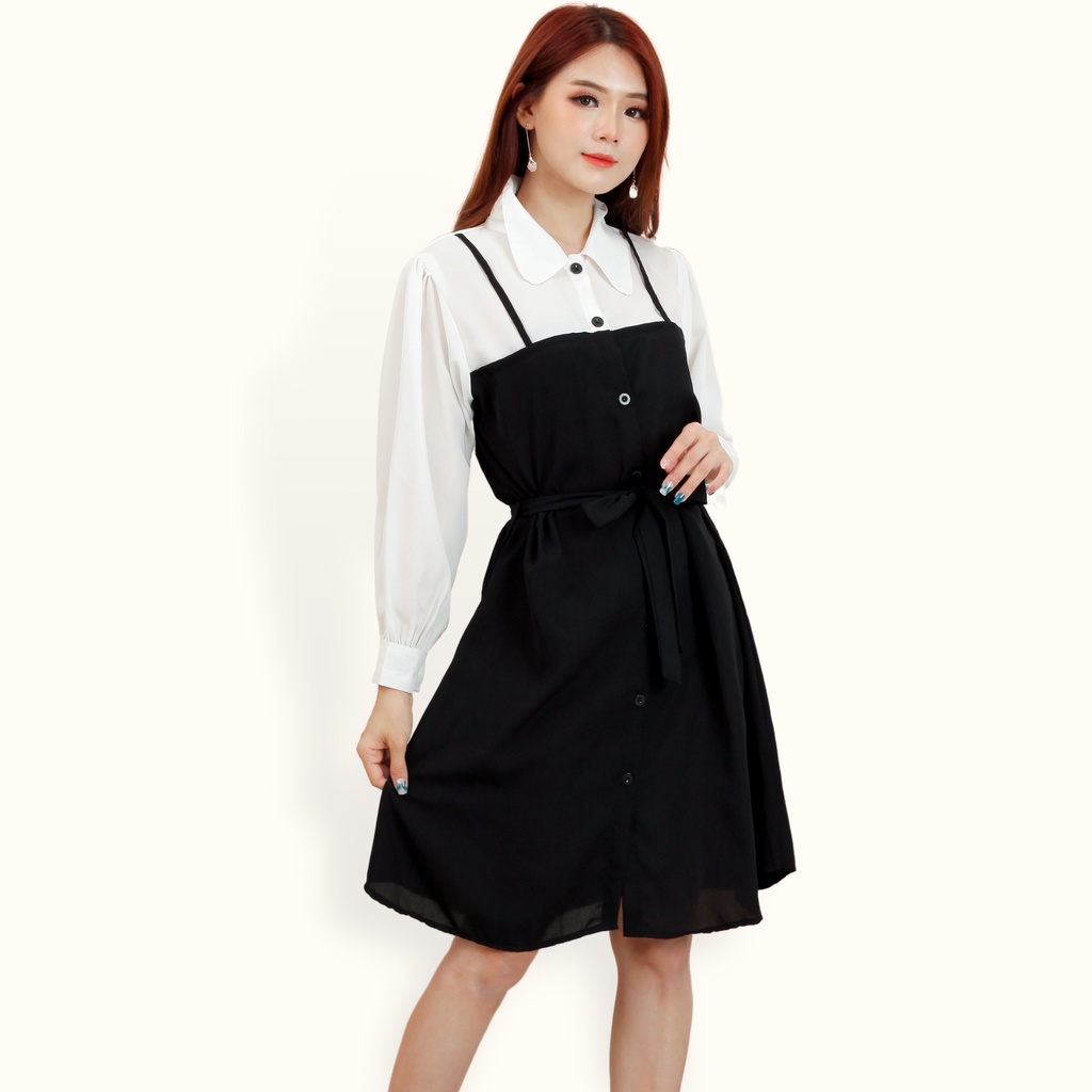 Midi Dress tunik Lengan panjang wanita gaya korea kombinasi warna - XSHOP Kenisha LS