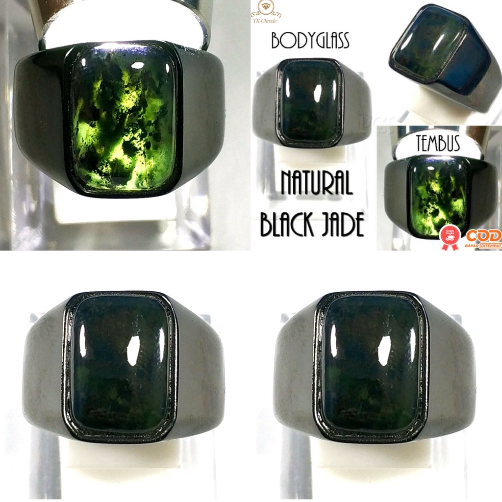 CINCIN BATU AKIK NATURAL BLACK JADE ACEH RING TITANIUM HITAM OCTAGON MAKIN BERGAYA