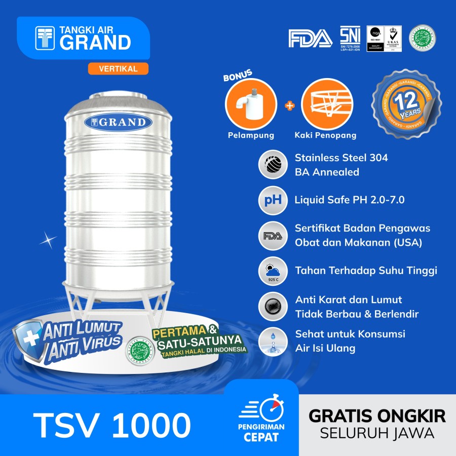 Toren Tandon Tangki Air Stainless Grand Type TSV 1000 Anti Lumut Garansi 12 TH Tangki Air 650 L NEW PRODUCT