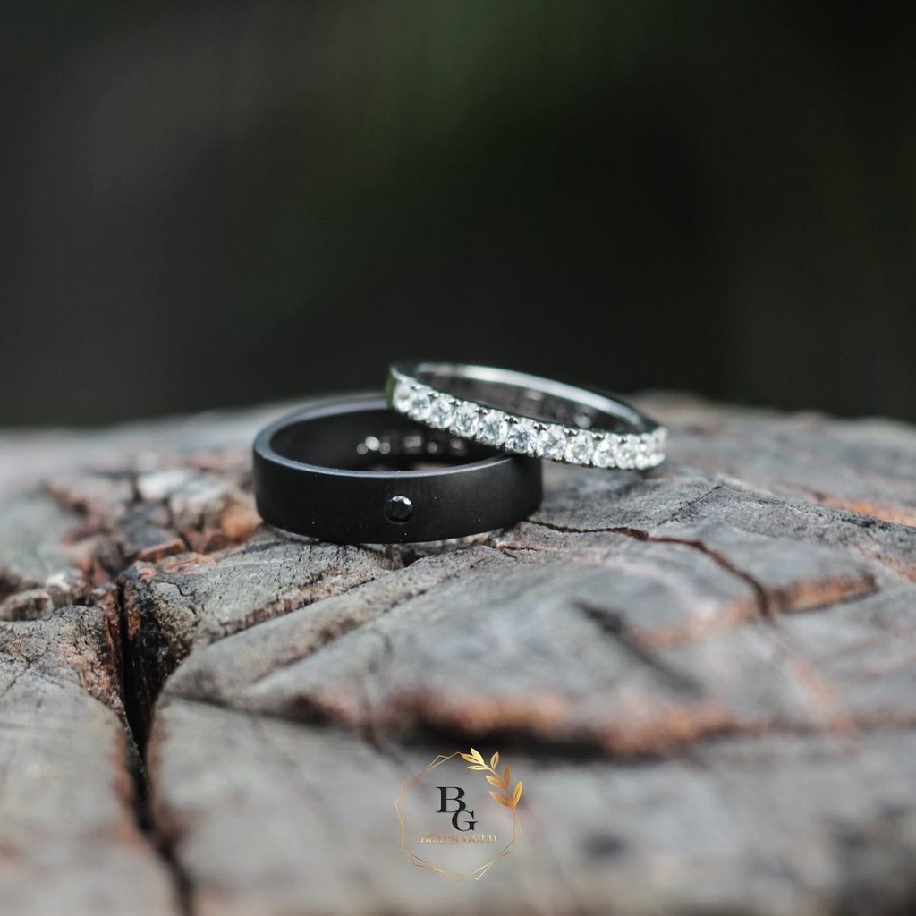 Cincin Rustic Silver/Perak With Onyx & Zircon Stone Finishing Black & White Combination Cincin Kawin