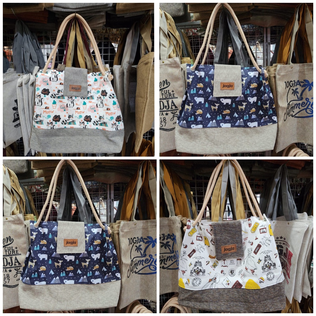 Tas Bahu Bahan Kanvas Tali Sumbu SlingBag Oleh-oleh Khas Jogja Tote Bag Wanita Motif Lucu Asli Jogja