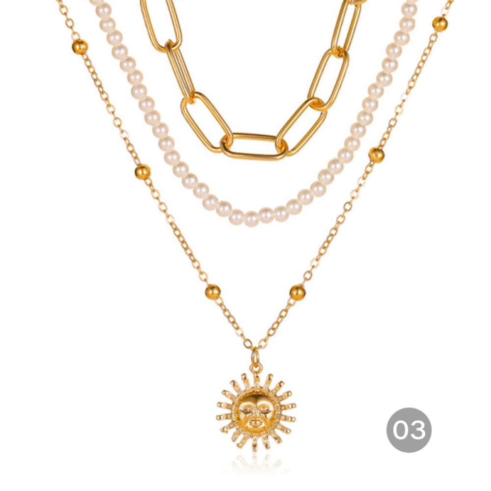 Timekey Kalung Rantai Emas Multi Layer Liontin Potret Mutiara Gaya Vintage Untuk Wanita O1P6