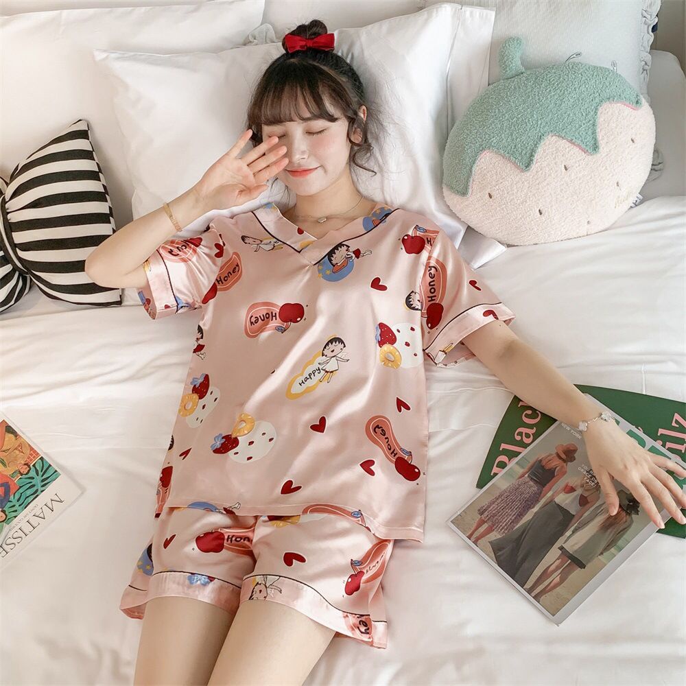 GROSIRTAS TG0335 Set Baju Tidur Wanita Import/Piyama Satin Berkarakter