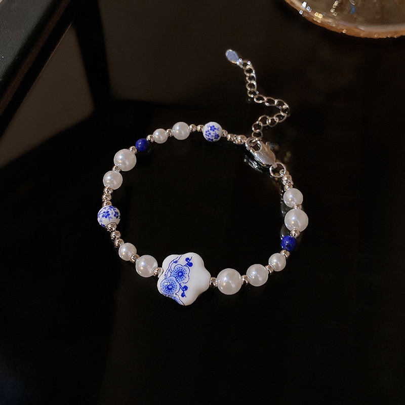 Perhiasan Gelang Tangan Wanita Hias Mutiara Porselen Biru Putih Gaya China