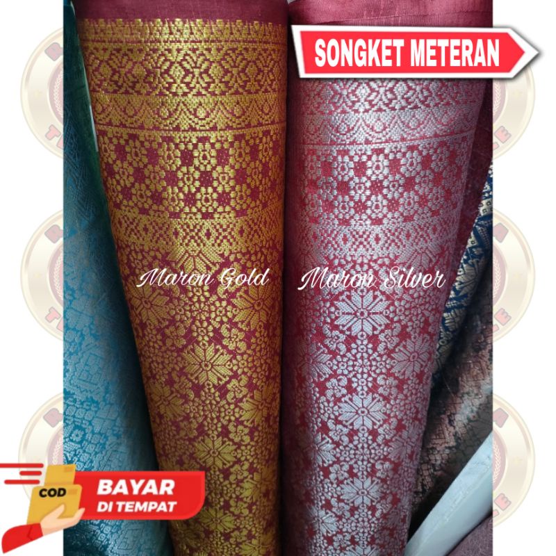 kain bahan songket semi Palembang hitam silver - hitam gold - maroon gold - maron Silver