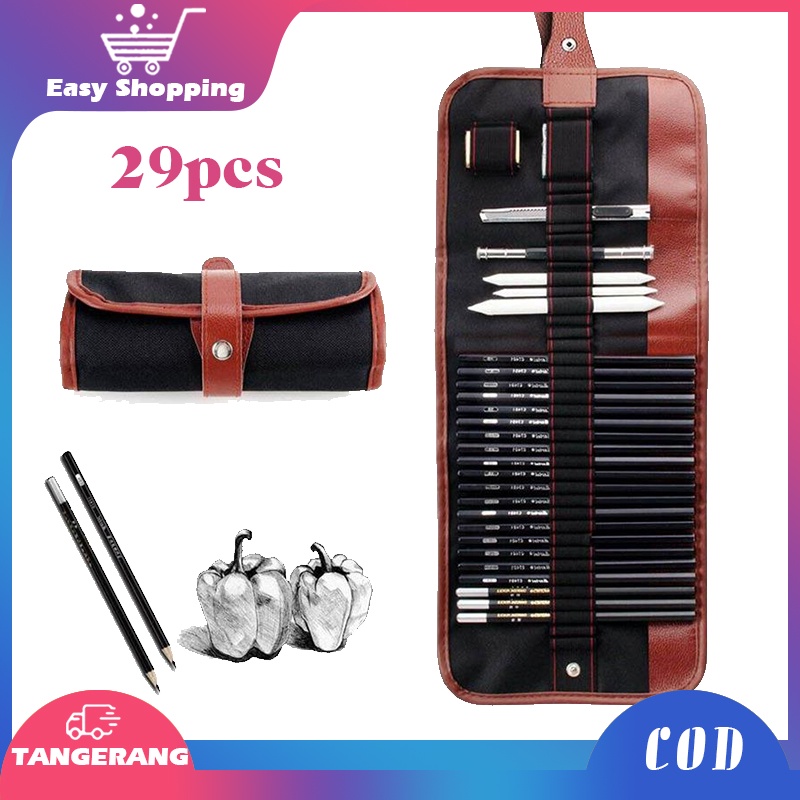 

set 29pcs Drawing Pencil Set/Pensil Gambar Sketsa Pisau Penghapus-Dengan Pouch Serut