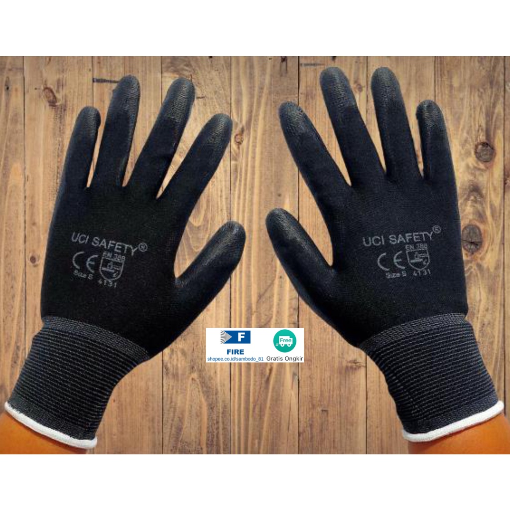 Sarung Tangan Bengkel otomotif Bagunan Coating Karet Pengaman kerja Packing PU Statis Multitask Karet Palm Fit Ukuran S,M, L, XL Proyek Satpam Anti Slip Hitam Black Hand Gloves