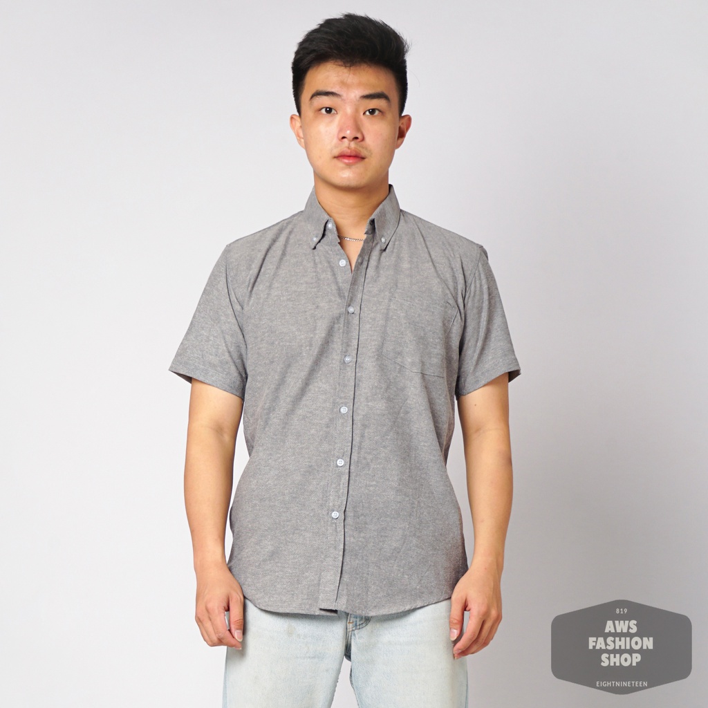 819 Kemeja Pria Lengan Pendek Polos Hitam Jeans Oxford Basic SIMPLE Slimfit Casual Tersedia Ready Sampai Size JUMBO BIG SIZE XXL XXXL