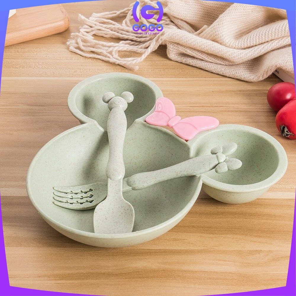 GOGO-C373 Piring Makan Anak Karakter Miki Set Sendok Garpu / Mangkok Makan Wheat Straw / Tempat Makan Anak Set / Mangkuk Makan Bayi Bahan Jerami Gandum