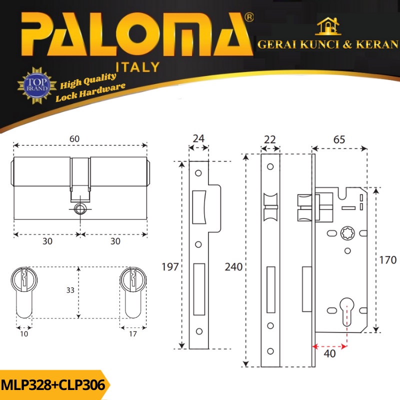 PALOMA MORTISE LOCK SET CYLINDER MLP 328 CLP 306 KUNCI BODY SWING BACKSET 40MM CYLINDER 60MM HITAM BLACK MATTE