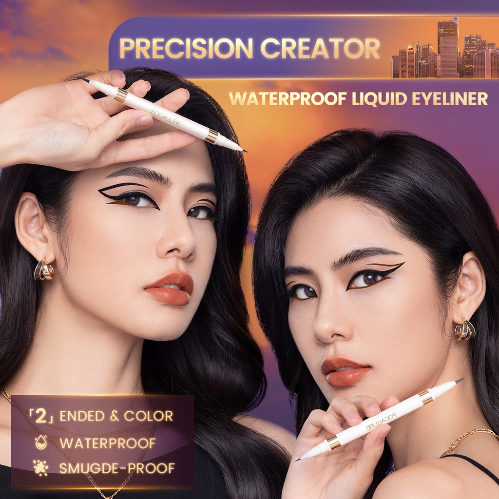 FOCALLURE AmberGold 2 IN 1 Eyeliner Anti Air Dan Tahan Lama Eyebrow Pencil Waterproof Liquid Eyeliner 2 Color Bla FA309