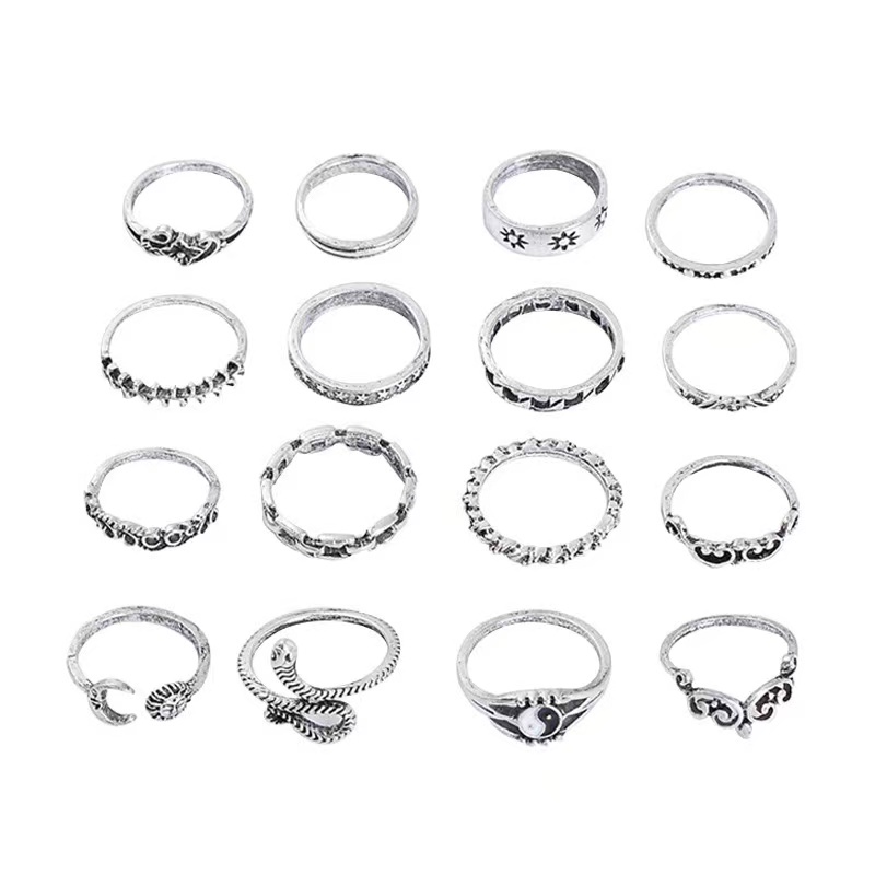 Monica Gosip retro Eropa dan Amerika sun moon snake leaf flower joint ring 16-piece set