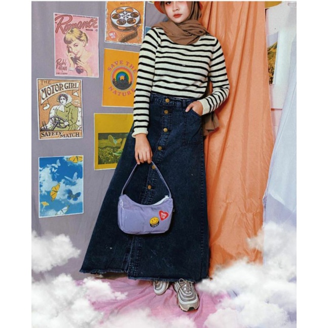 Rok Jeans Panjang - Rok Snow Jeans - Black Button Skirt/Rok Snow Jeans