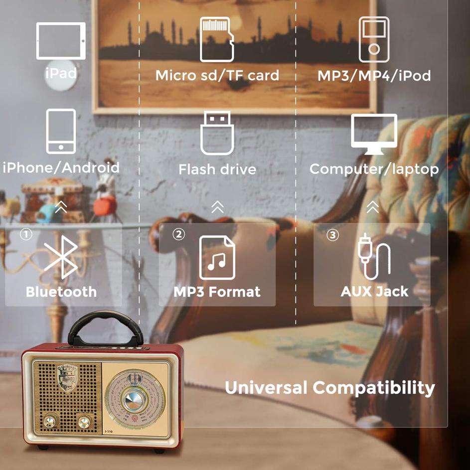 Terpercaya Radio Portabel 110BTS Retro FM/AM/SW Radio Speaker System dengan BT USB TF Card Player 10
