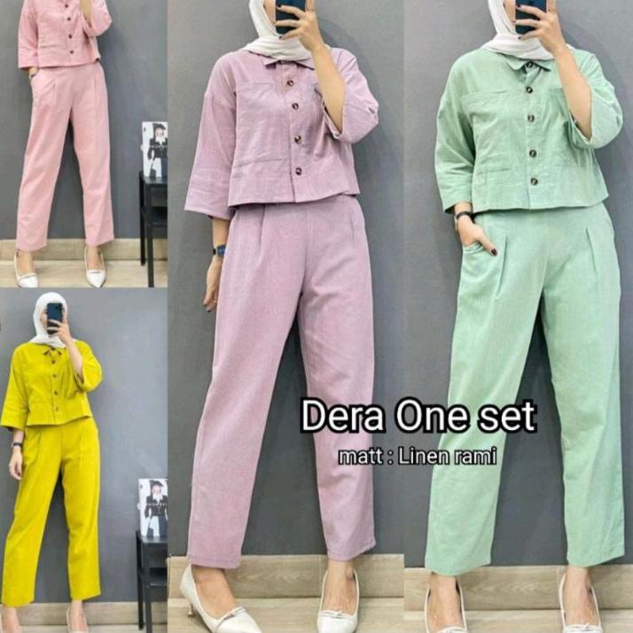 Chekout fazio set top+pants one set setelan wanita linen rami