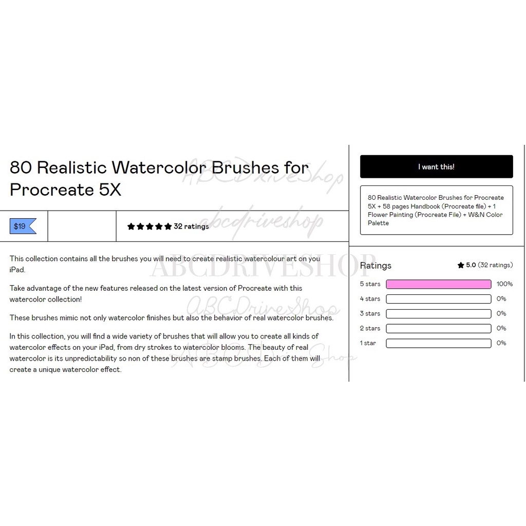 Procreate Brush - 80 Realistic Watercolor Brushes &amp; Workbook for Procreate