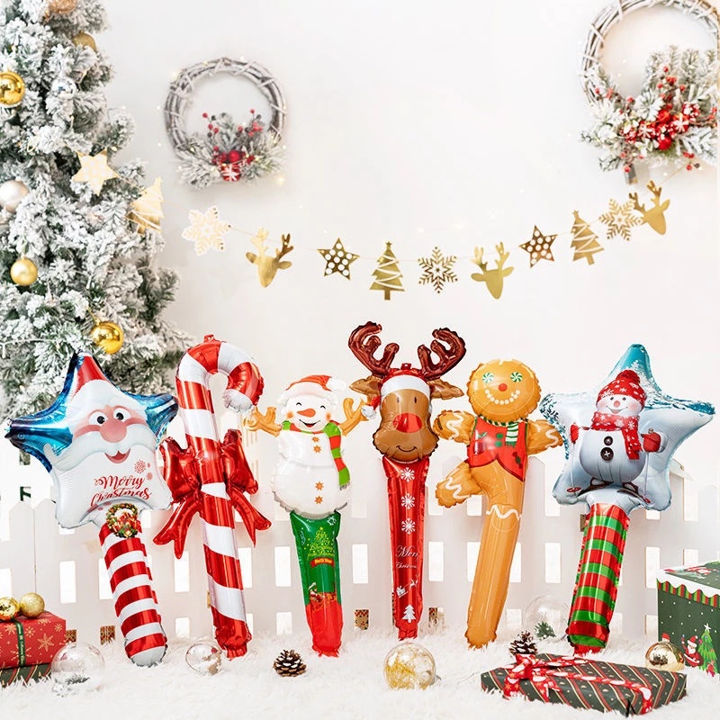 Tongkat Permen Balon Model Tiup Ukuran 24inci Desain Gingerbread Man Elk Snowman Santa Claus Untuk Dekorasi Pesta Natal