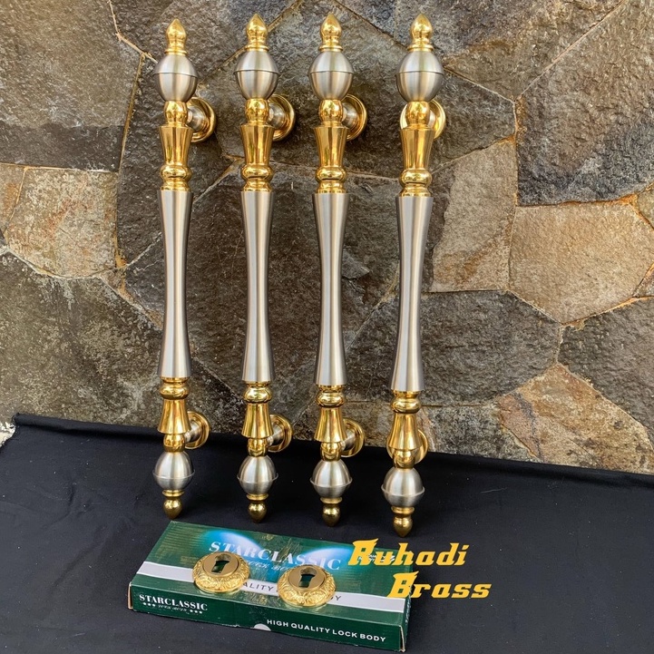 1 set perlengkapan pintu - Handle pintu kuningan motif dahlia kamboja 60 cm