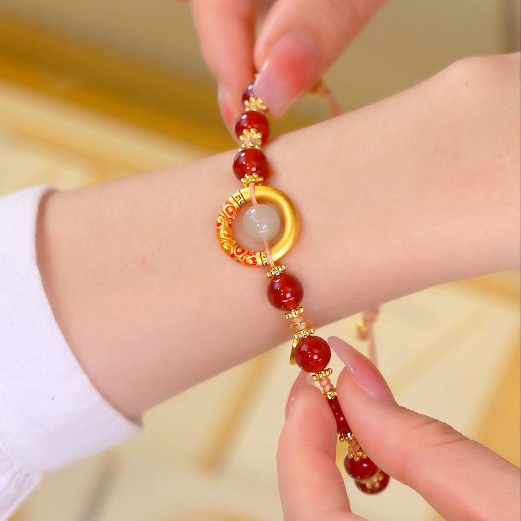 2023 Gelang Tangan Emas 18K Manik Batu Agate Fengshui Keberuntungan Untuk Hadiah Tahun Baru Cina