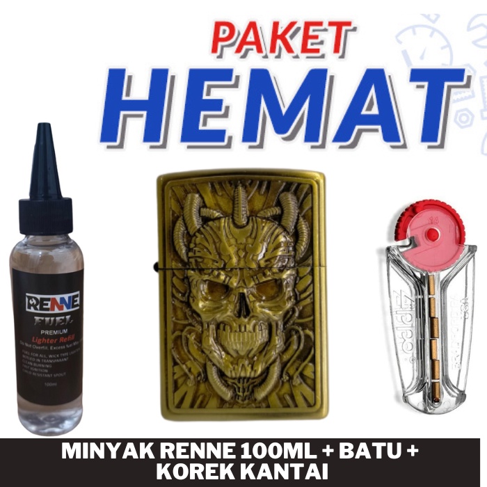 PAKET KOMPLIT KOREK API KANTAI GOLD MOTIF KEPALA TENGKORAK + MINYAK 100ML + BATU ZIPPO