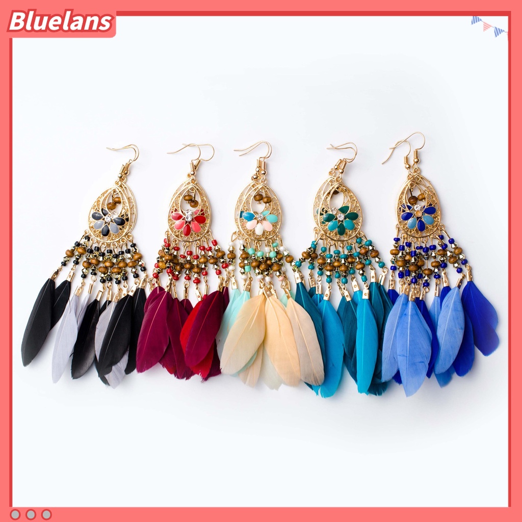 1 Pasang Anting Kait Rumbai Panjang Model Hollow Bahan Kayu Aksen Bulu Gaya Bohemian Untuk Hadiah