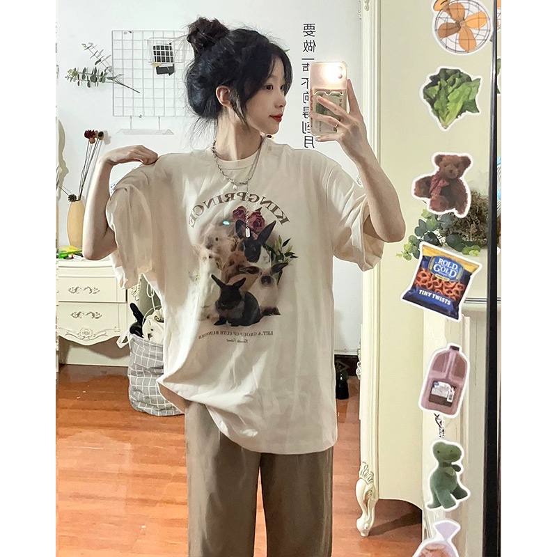 EUNII T-shirt Lengan Pendek Cute Rabbit Korean Style/Kaos Atasan Wanita/Baju Kaus Oversize Wanita