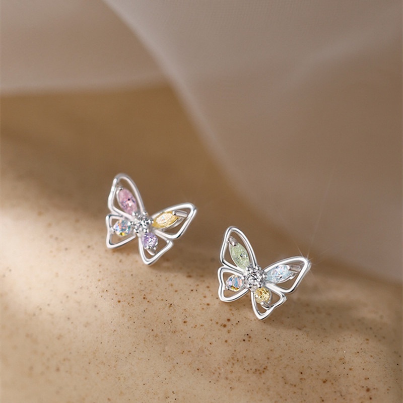 Anting Stud Desain Kupu-Kupu Hollow Aksen Zirkon Warna-Warni Gaya Korea Untuk Wanita