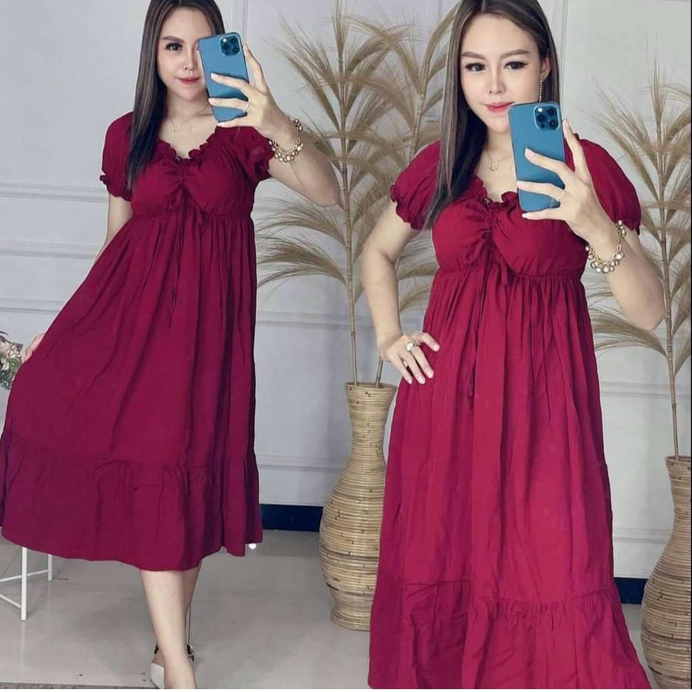 Baju Daster Elsa Ikatan Cinta Model Serut Dada lengan Pendek Pakaian Tidur Wanita Bahan Rayon Kekini