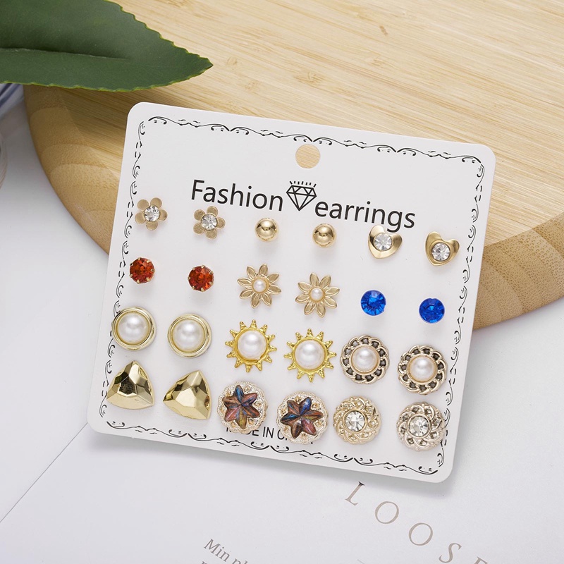 12 Pasang / Lot Anting Stud Mutiara Berlian Imitasi Bentuk Hati Bunga Matahari Bintang Untuk Wanita