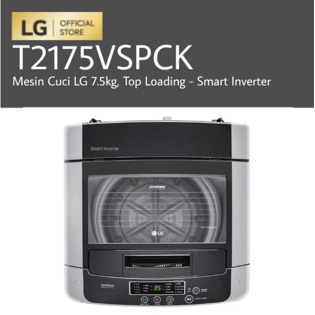 LG Mesin Cuci 1 Tabung Top Loading 7.5Kg Smart Inverter T2175VSPCK