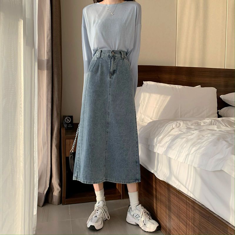 Korean style rok denim/biru muda mid length skirt/skirt pakaian wanita