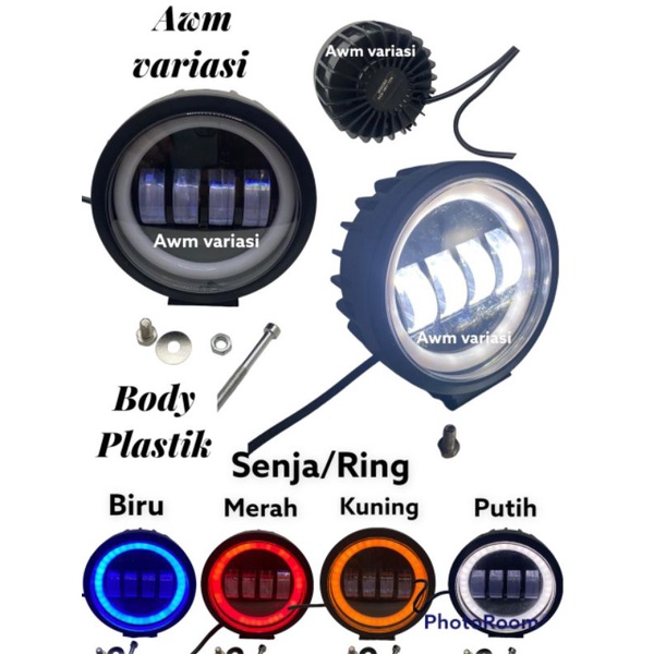 Lampu tembak sorot Led CWL 4 mata lensa 6D cree angel aye bulat biru merah putih kuning Body plastik