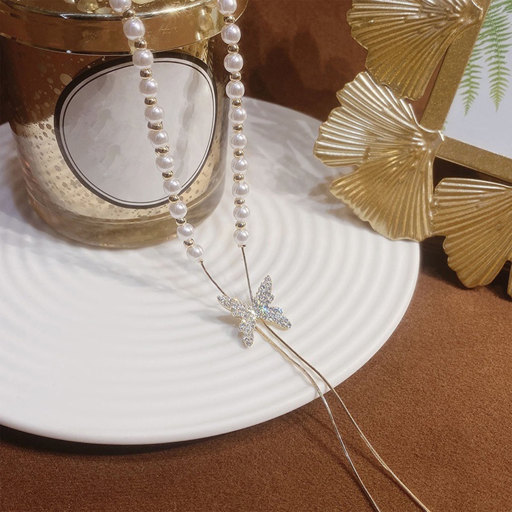 Kalung Rantai Panjang Liontin Kupu-Kupu Aksen Rumbai Mutiara Adjustable Untuk Wanita